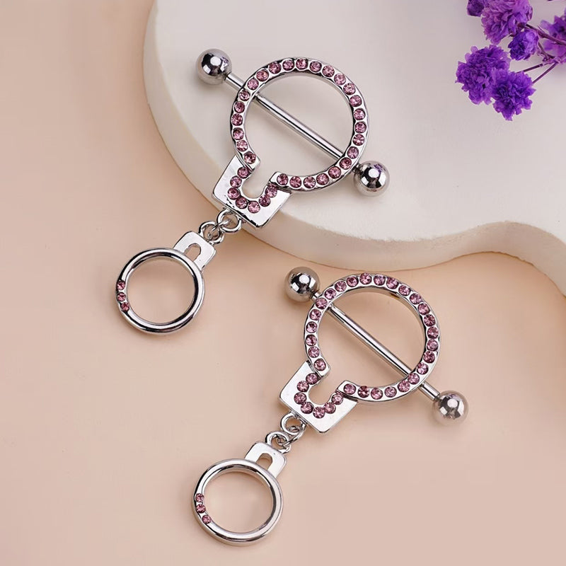 14g/20mm Internally Threaded F136 Titanium Straight Barbell Sparkling Pink Handcuff Nipple Shield – Dangle Cuff Nipple Piercing Jewelry for Women