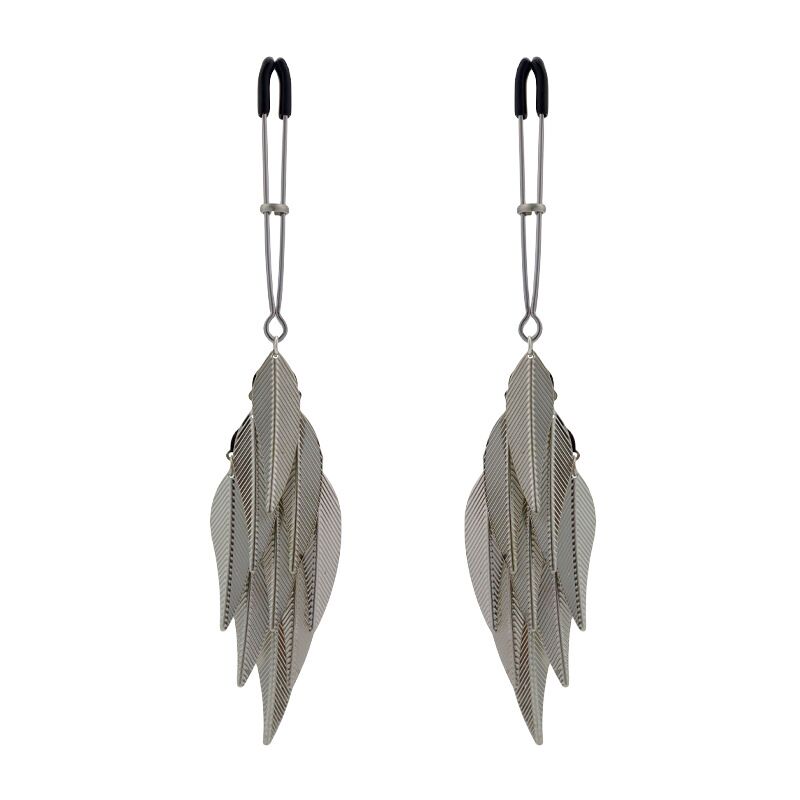 Luxury silver feather dangle body accessory with soft protective tips and adjustable pressure slider.