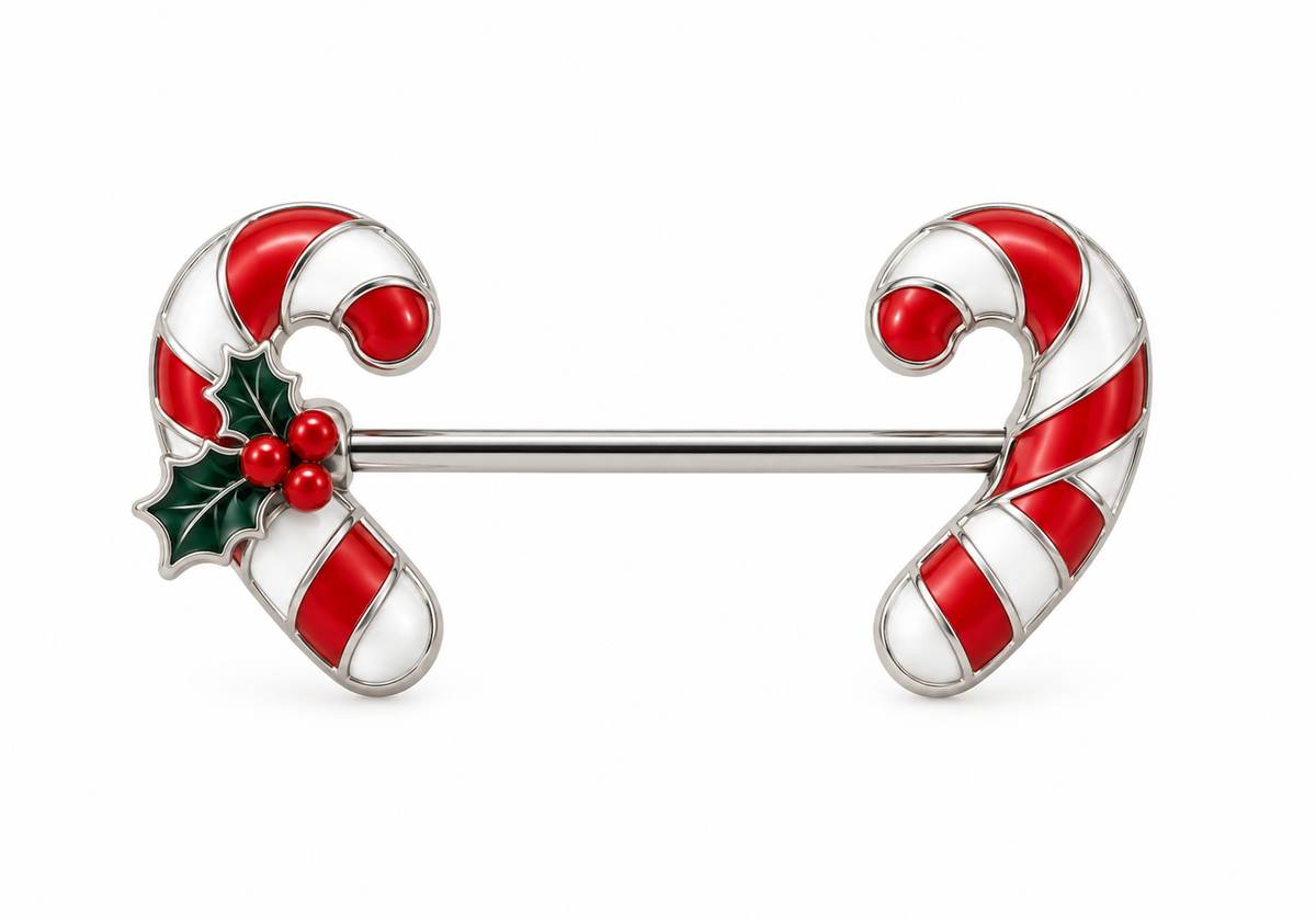 Red and white candy cane nipple barbell with green holly leaves and red berries