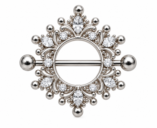 Silver-tone circular nipple shield with clear stones and ornate bead details