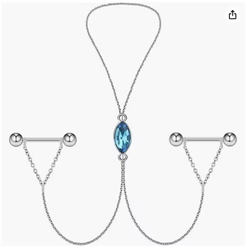 Front view of a silver-colored nipple chain necklace featuring a light blue marquise-cut crystal centerpiece connected to 14G piercing barbells on a clean white background.