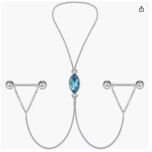 Front view of a silver-colored nipple chain necklace featuring a light blue marquise-cut crystal centerpiece connected to 14G piercing barbells on a clean white background.