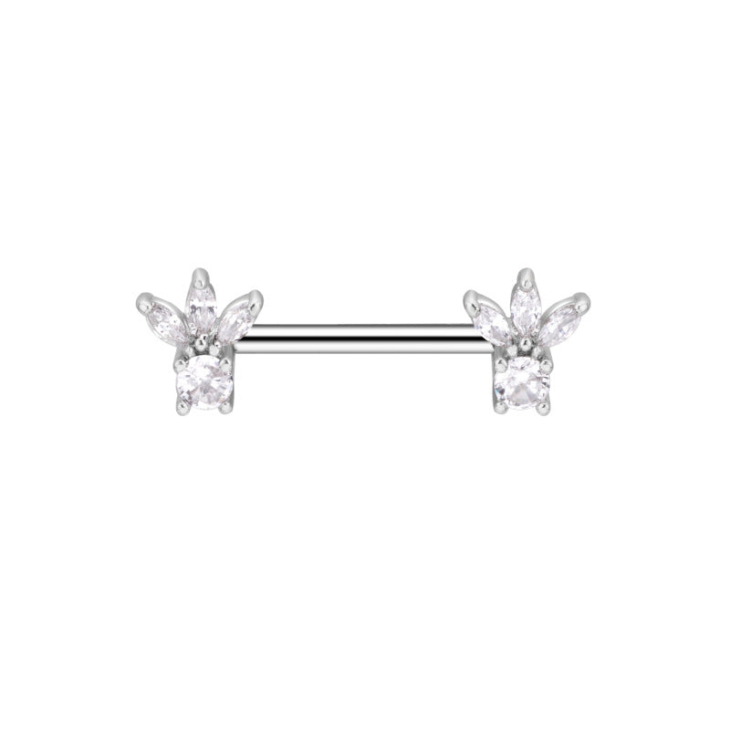 A pair of silver nipple barbells featuring a decorative floral crown design with marquise and round crystals on a white background.