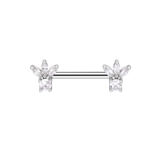 A pair of silver nipple barbells featuring a decorative floral crown design with marquise and round crystals on a white background.