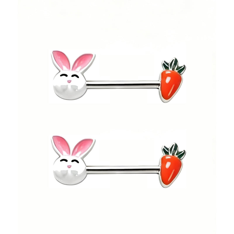 Matching pair of cute white rabbit and orange carrot enamel nipple rings set for women.