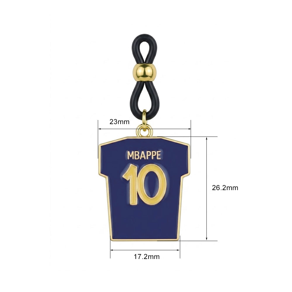 Detailed dimension chart of Mbappe 10 France soccer jersey pendant on non-pierced adjustable nipple clamp jewelry showing 26.2mm height and 23mm width.