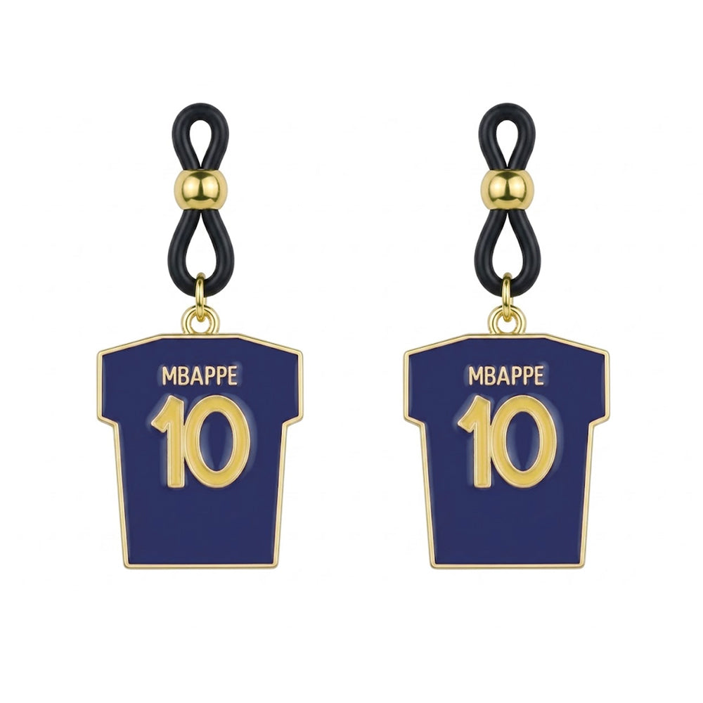 A pair of non-pierced body jewelry nipple clamps styled as Mbappe #10 France national soccer jersey in royal blue enamel and gold framework on a pure white background.