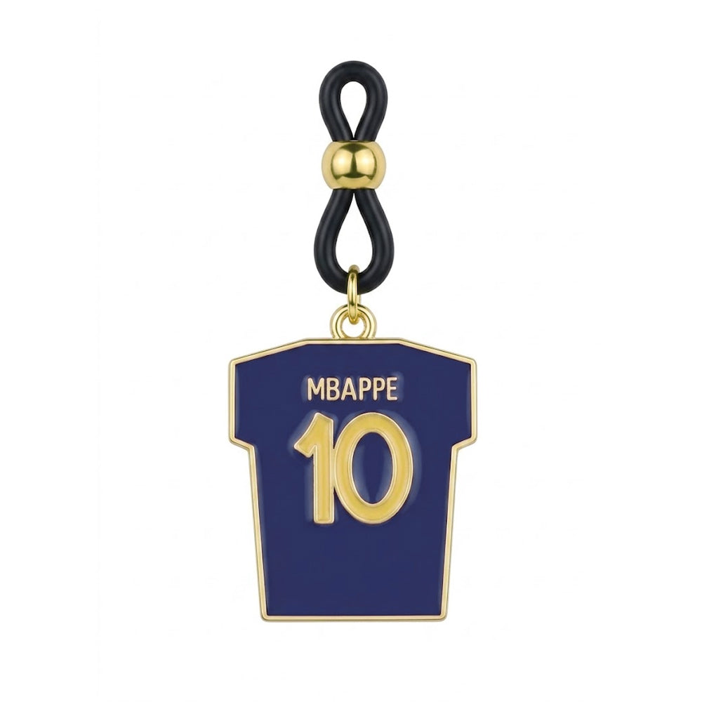 Single non-pierced nipple clamp featuring a blue France football jersey pendant with Mbappe number 10 in gold lettering and adjustable black rubber loop.