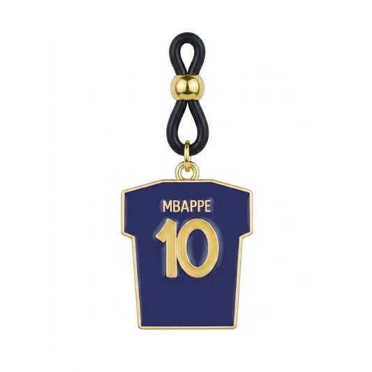 Single non-pierced nipple clamp featuring a blue France football jersey pendant with Mbappe number 10 in gold lettering and adjustable black rubber loop.