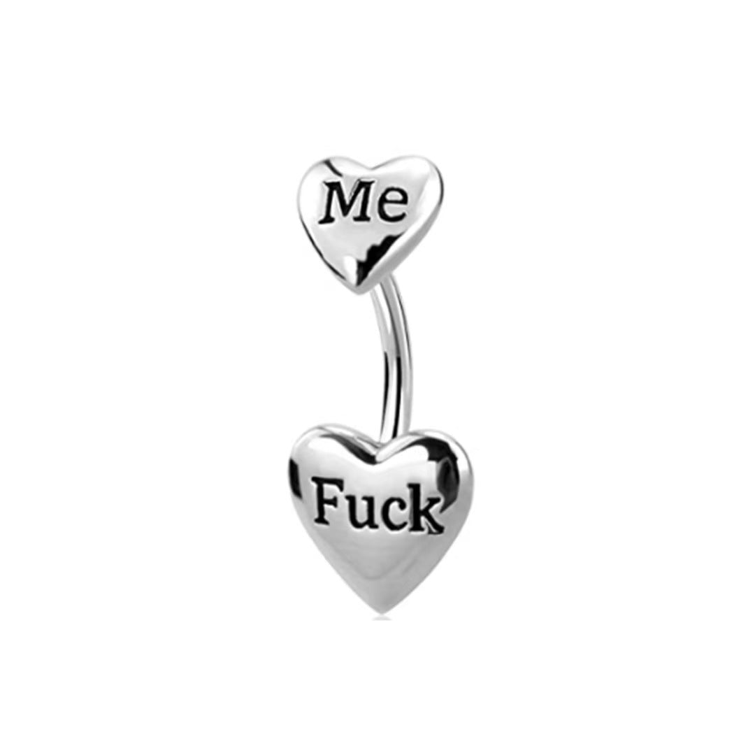 A unique punk style double heart belly button piercing featuring a smaller top heart with text Me and a larger bottom heart with text Fuck.