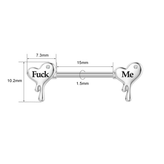 Technical drawing showing dimensions of a 15mm melted heart nipple barbell with "Fuck Me" text.