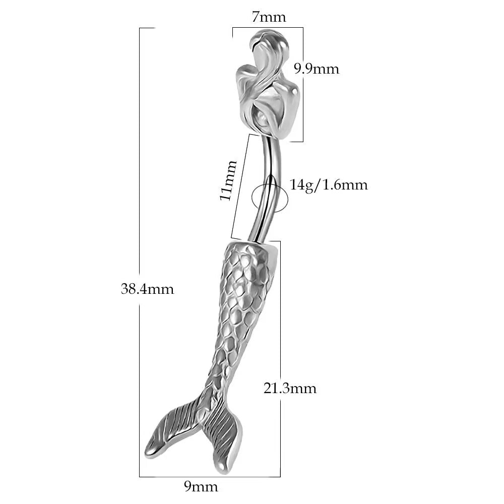 Dimension diagram of mermaid belly button ring showing 14G 1.6mm gauge 11mm bar length and 38.4mm total size.