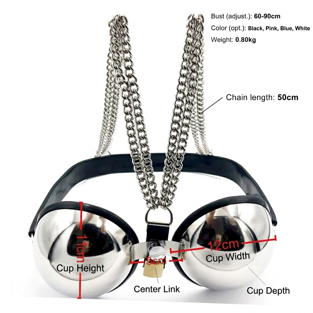 Sizing chart and explicit dimensions of the lockable metal bra showing 11cm cup height, 12cm cup width, and 50cm chain length with underbust options.