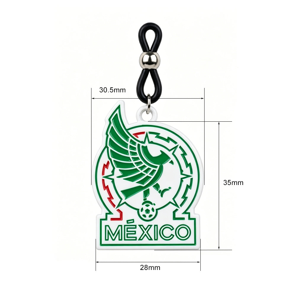 Non-piercing nipple ring with an adjustable black rubber loop, featuring a green and white Mexico national football team logo charm pendant for alternative body jewelry styling.