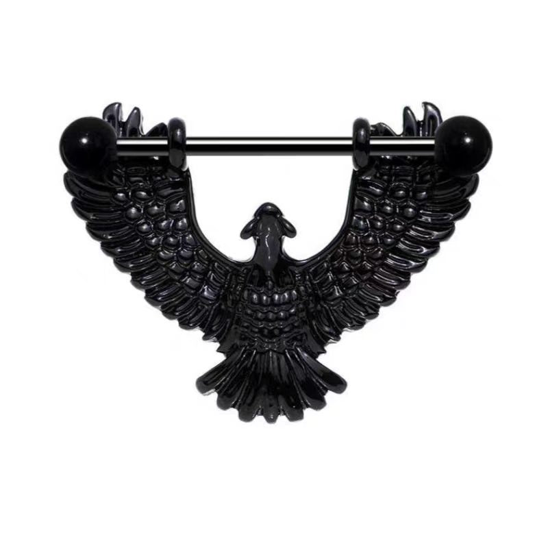 Sleek midnight black PVD coated eagle wing nipple shield jewelry showing intricate feather details and 14G barbell.