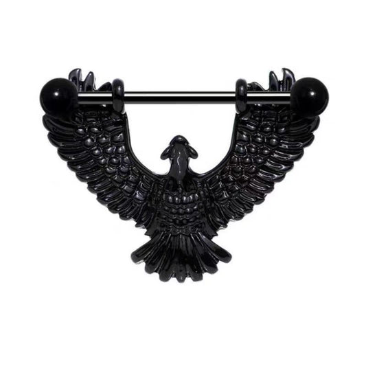Sleek midnight black PVD coated eagle wing nipple shield jewelry showing intricate feather details and 14G barbell.