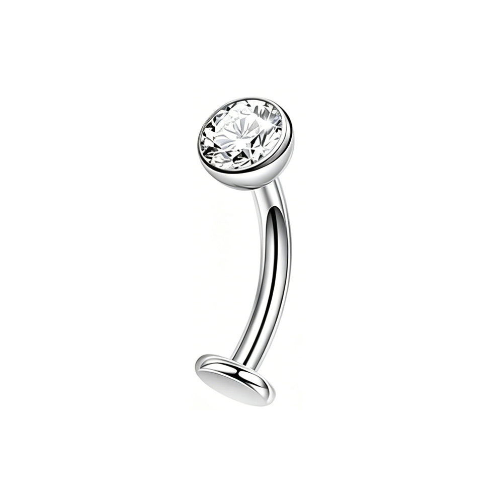 A high-polish silver reverse belly button ring featuring a round bezel-set clear crystal top and a flat bottom disc on a white background.