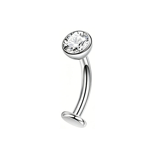 A high-polish silver reverse belly button ring featuring a round bezel-set clear crystal top and a flat bottom disc on a white background.