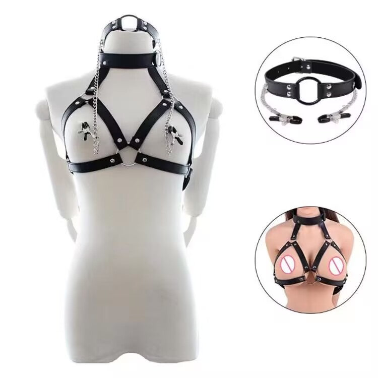 Mannequin demonstration showing modular black leather body harness combined with removable chain nipple clamp choker.