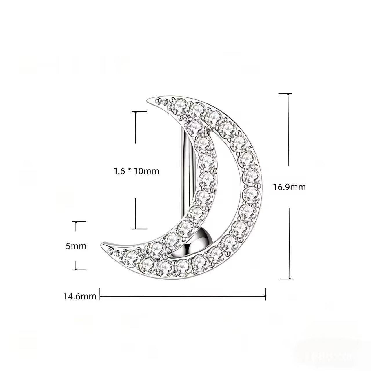 Size guide image for moon reverse navel ring displaying 16.9mm x 14.6mm design and 5mm ball.