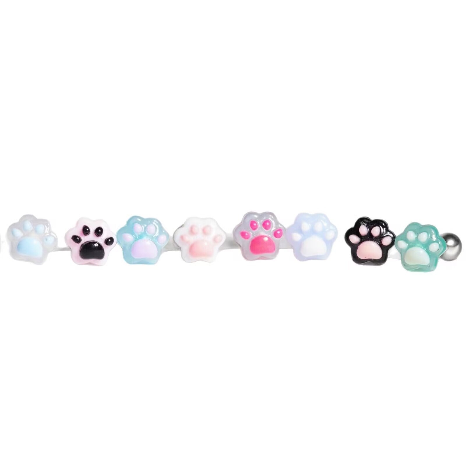 Product photo of 8 resin cat paw tongue barbell color variants isolated on white background, 14G Y2K piercing jewelry