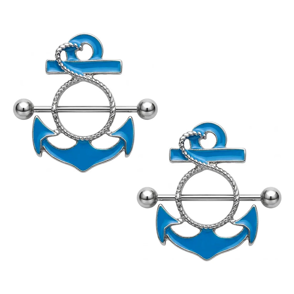 A pair of vibrant blue enamel anchor nipple shields, ideal for ocean-themed alternative body jewelry collections.