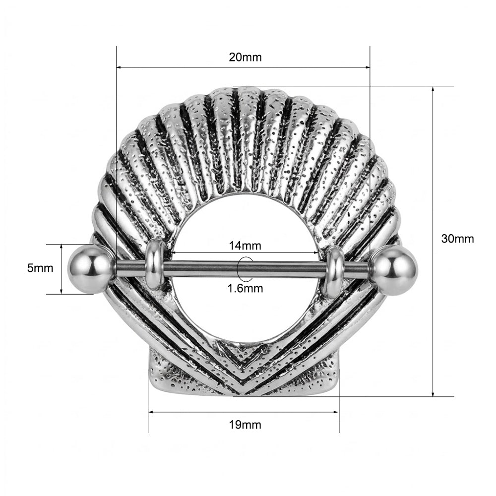 Detailed dimension guide for shell nipple shield showing 14G thickness and 14mm bar length.