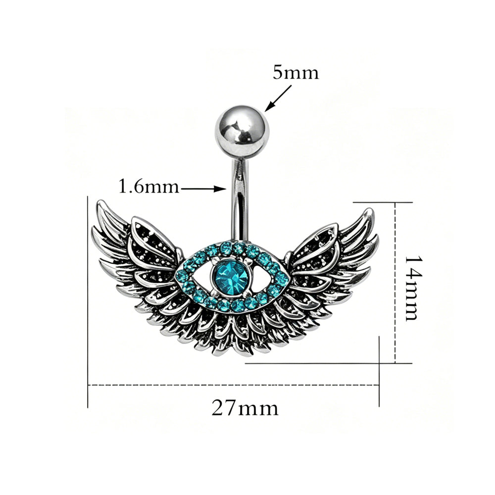 Size chart showing 1.6mm gauge and 27mm width for the angel wing navel piercing.