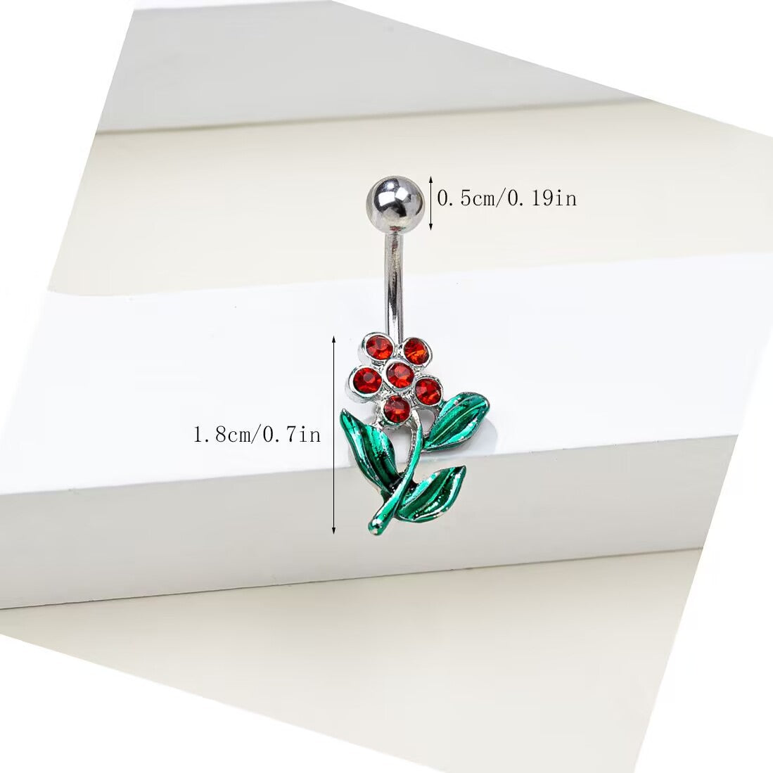 Size specification chart of the vintage flower navel ring showing a 0.5cm top ball and a 1.8cm red flower pendant.
