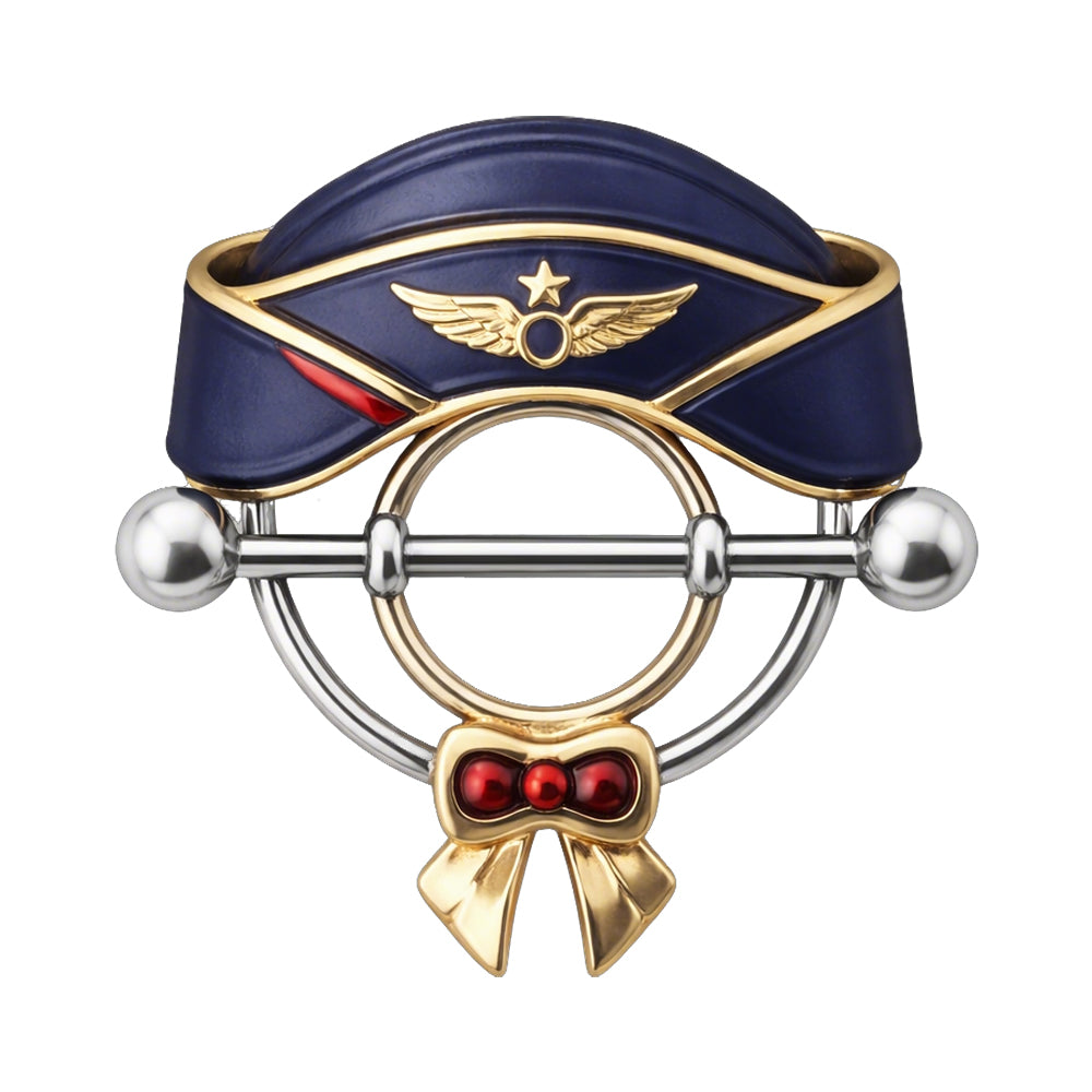 Front view of a navy blue flight attendant hat nipple shield with gold wings.