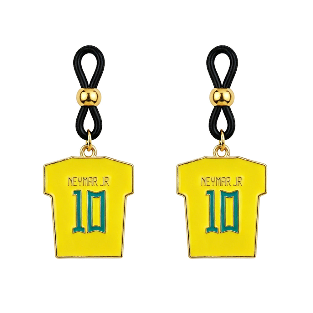 A pair of adjustable non-pierced nipple clamps with high-elasticity loops and gold sliding beads, featuring yellow Neymar Jr 10 Brazil jersey charms.