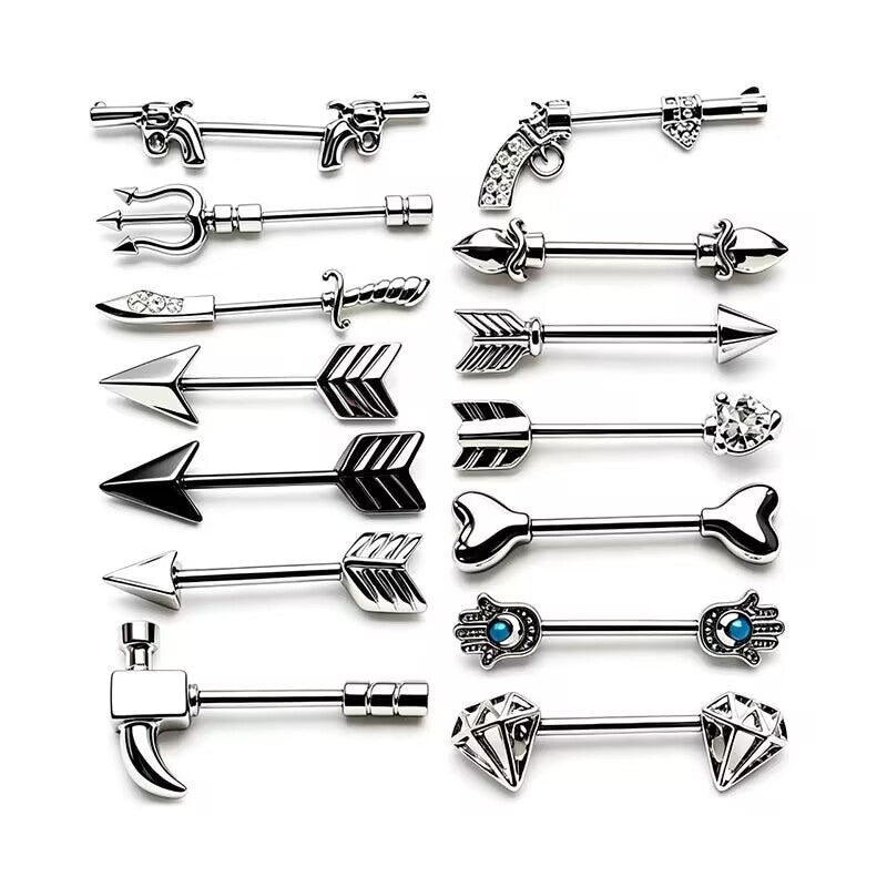 Multi-style nipple barbells set featuring arrow, pistol, sword, key, hamsa hand, and diamond designs.