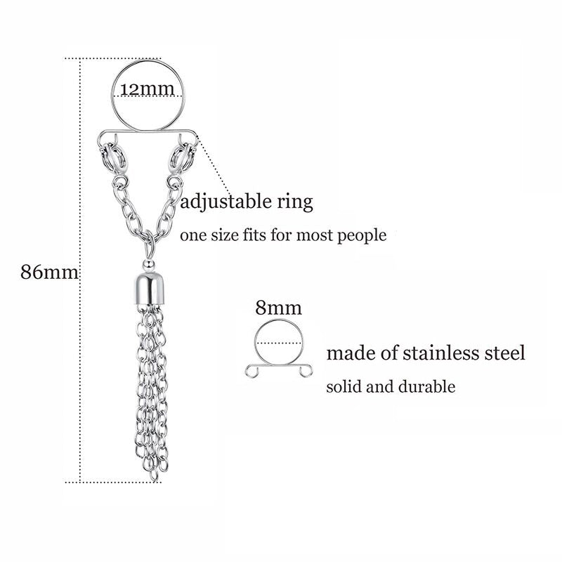 Detailed size chart for the non-pierced jewelry showing 86mm total length, 12mm loop diameter, and adjustable fit features.