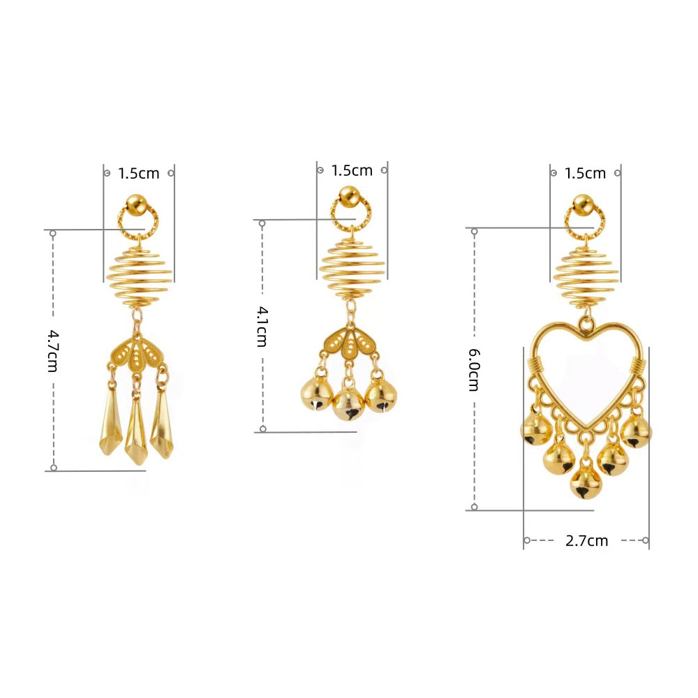 Detailed size chart showing lengths of heart, bell, and taper dangle nipple rings in centimeters.