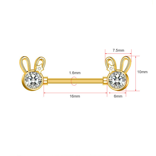 Product dimension chart for the bunny nipple barbell showing 16mm bar length and 1.6mm thickness.