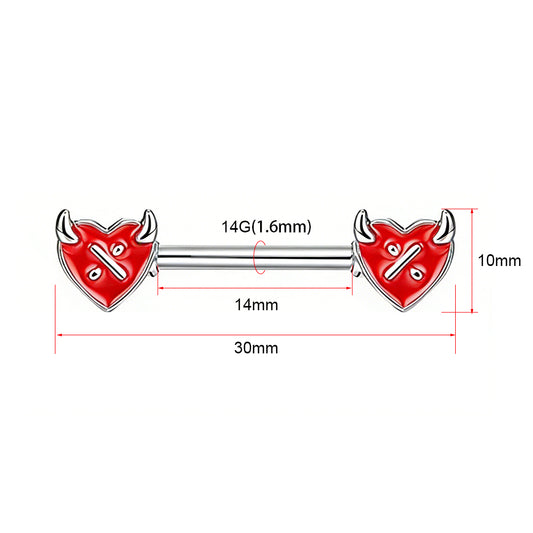 Product size chart showing 14G thickness and 14mm bar length for devil heart nipple rings.