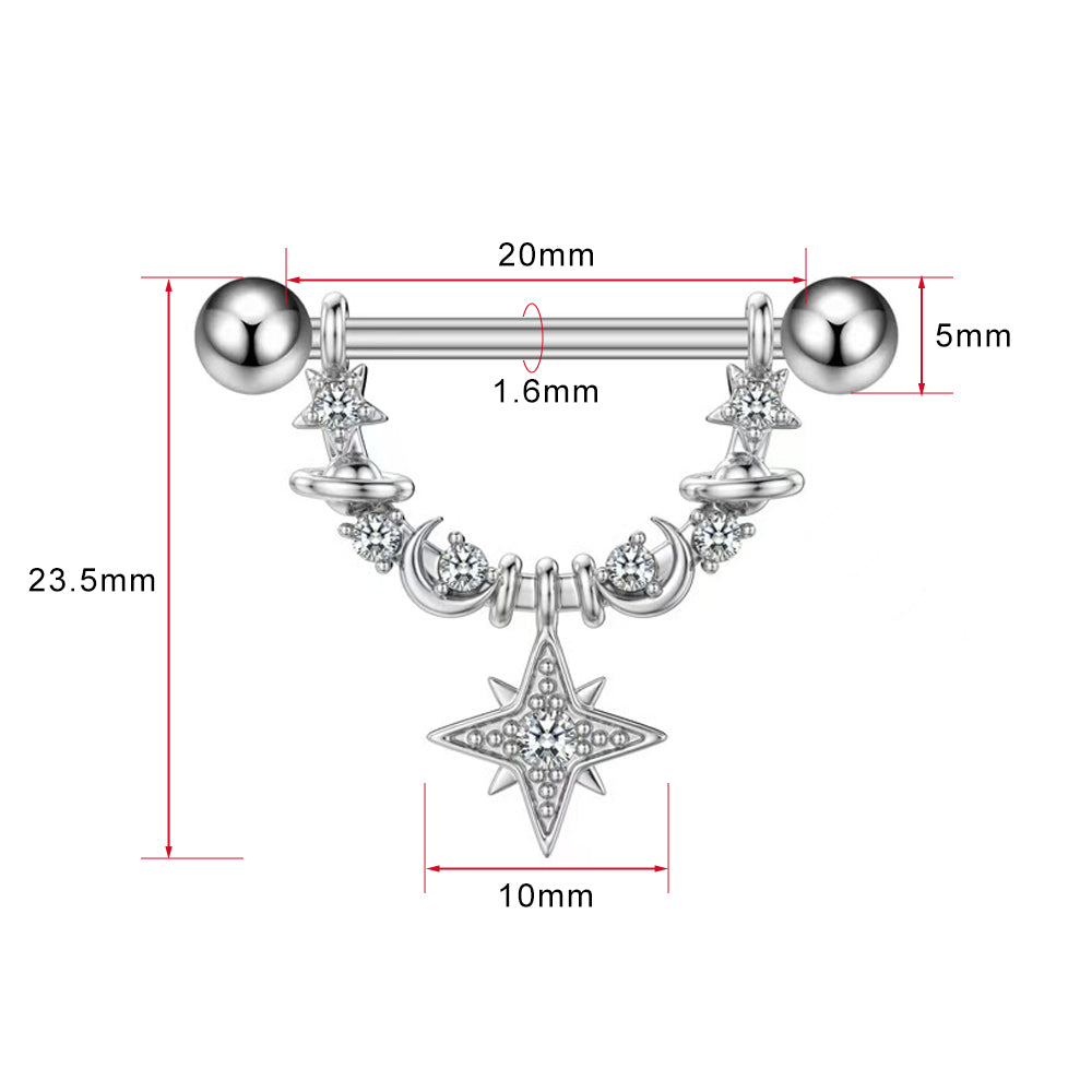 Size chart for celestial nipple jewelry showing 1.6mm gauge, 20mm length, and 23.5mm total drop height.