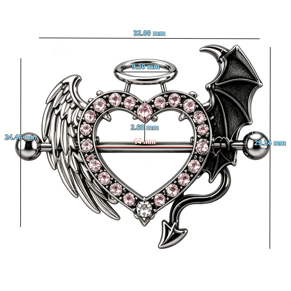 Sizing chart infographic for the heart nipple shield ring, displaying 14mm bar length, 32mm total width, and gauge dimensions for accurate fitting.