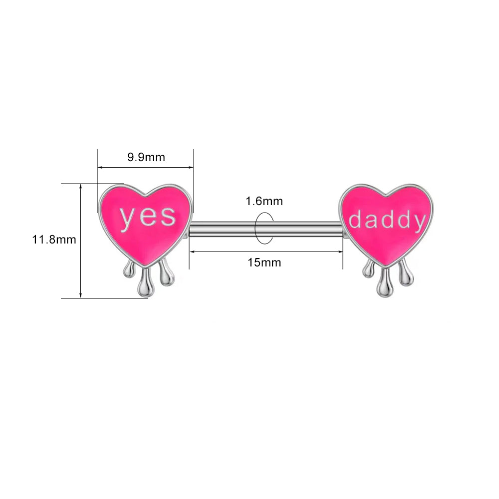 Technical size chart showing 1.6mm gauge and 15mm bar length for heart nipple jewelry.