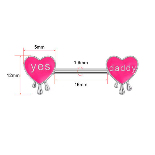 Technical size chart showing 1.6mm gauge and 16mm bar length for heart nipple jewelry.