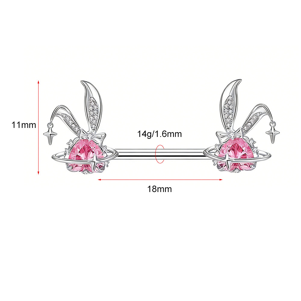 14G/18mm Sparkling Bunny Planet Nipple Barbell – Pink Crystal Heart & Rabbit Ear Body Jewelry