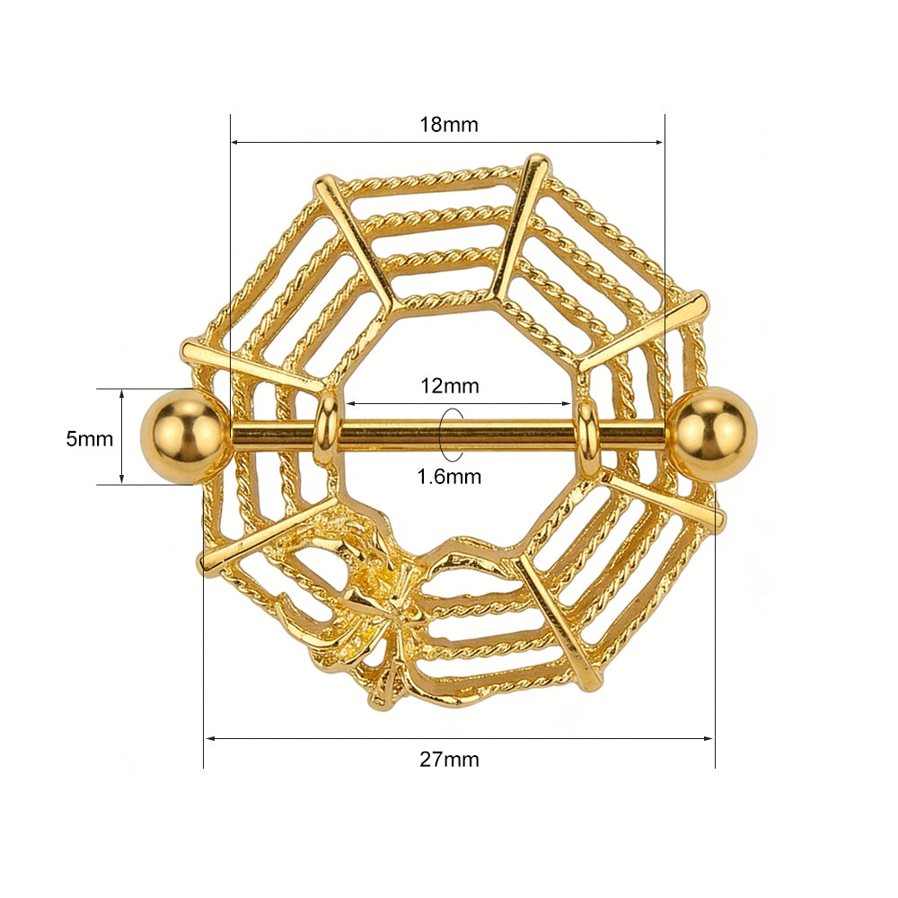 Sizing chart for spider web nipple piercing jewelry including barbell thickness and shield diameter.