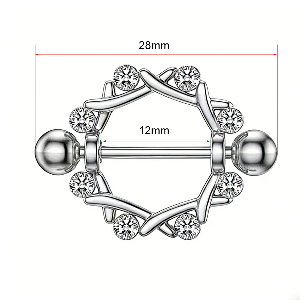 Technical measurement diagram showing a 12mm barbell length and 28mm total width for the nipple jewelry.