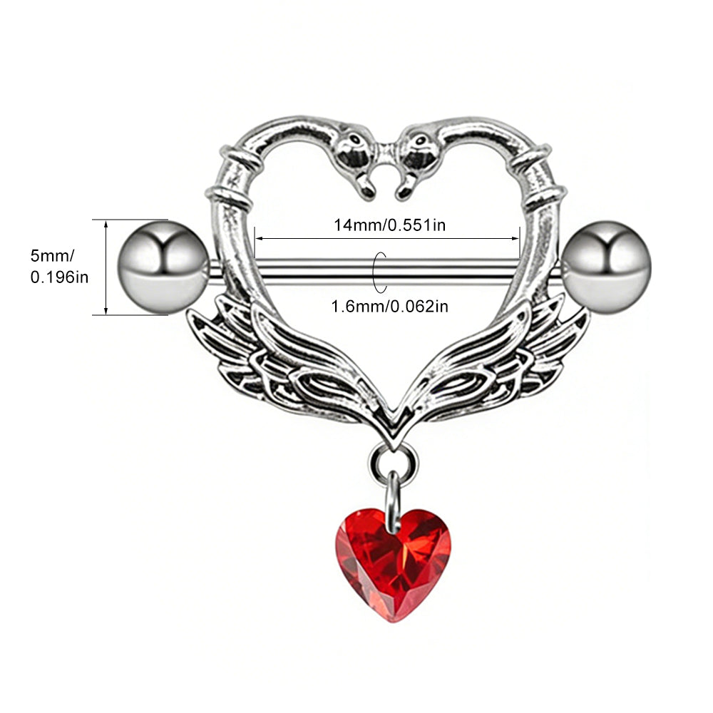 Technical size chart showing 14G thickness and 14mm bar length for swan nipple jewelry.