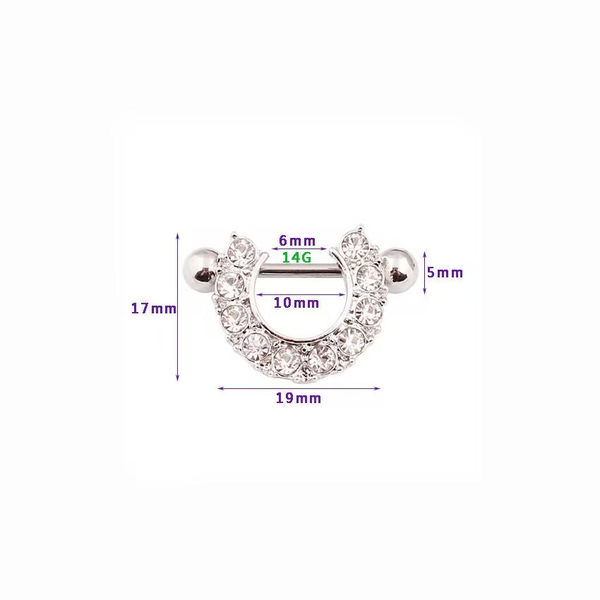 Technical size chart for a crystal nipple shield showing 14G thickness, 19mm width, and 10mm inner diameter.