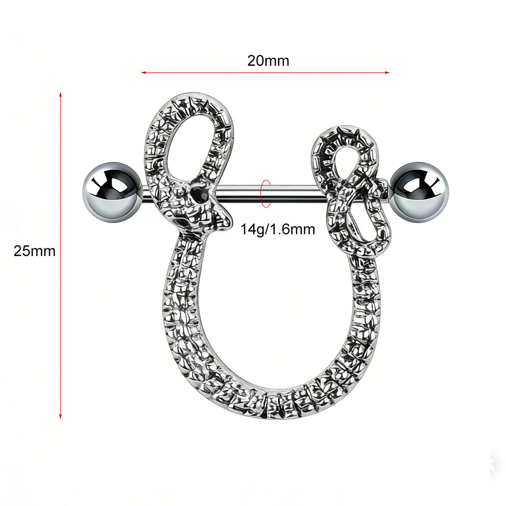 Detailed dimension guide for serpent nipple shield showing 14g 1.6mm thickness, 20mm width, and 25mm height.