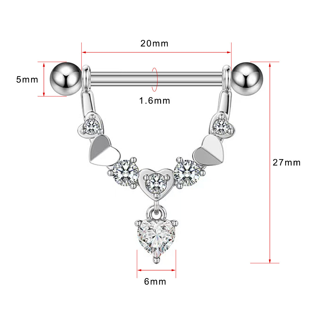 Detailed size guide for the heart nipple shield showing a 20mm wearable bar length, 1.6mm gauge thickness, and 27mm total dangle height.