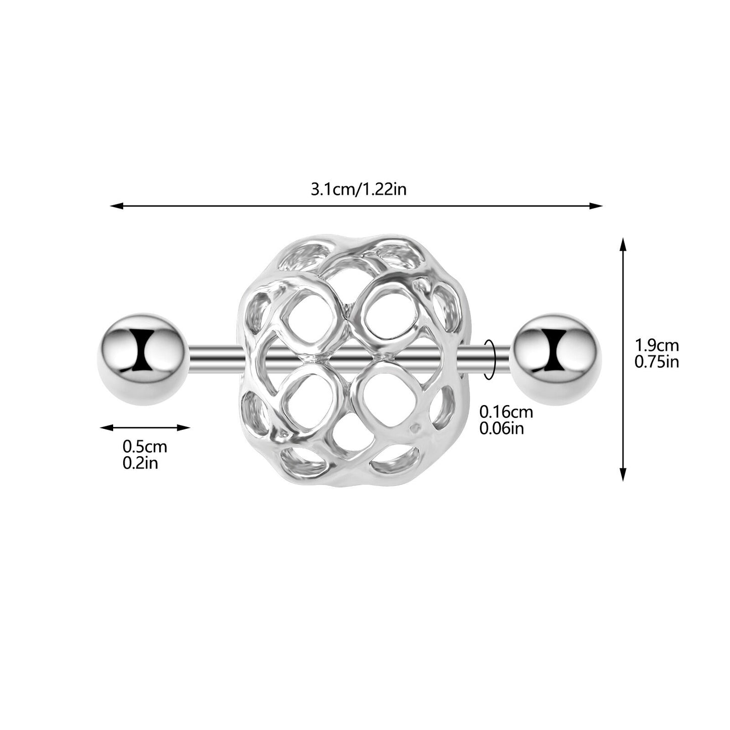 Detailed size chart and dimensions for the geometric cage nipple piercing jewelry.