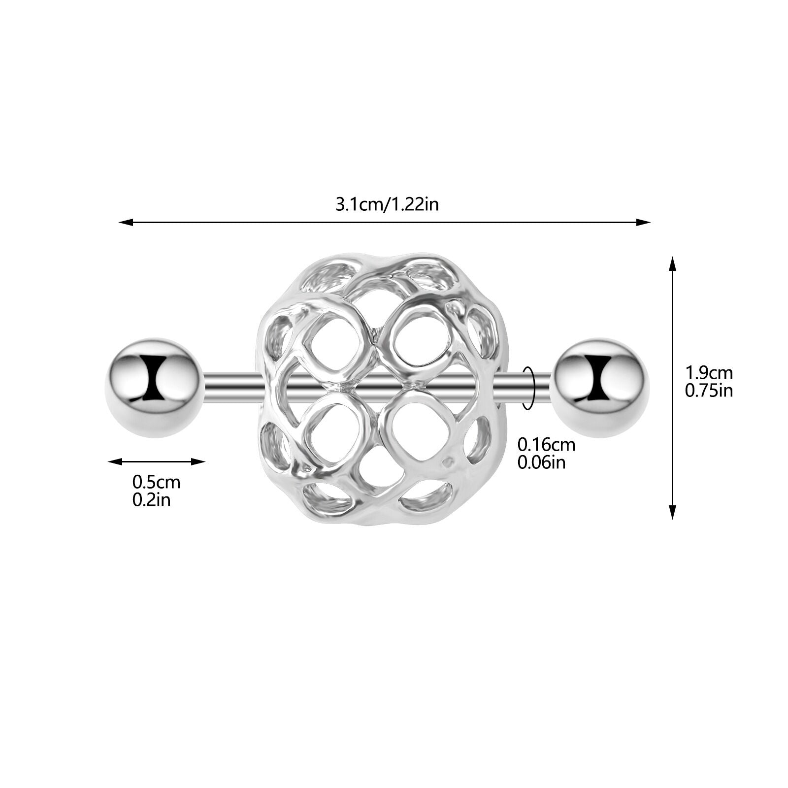 Detailed size chart and dimensions for the geometric cage nipple piercing jewelry.
