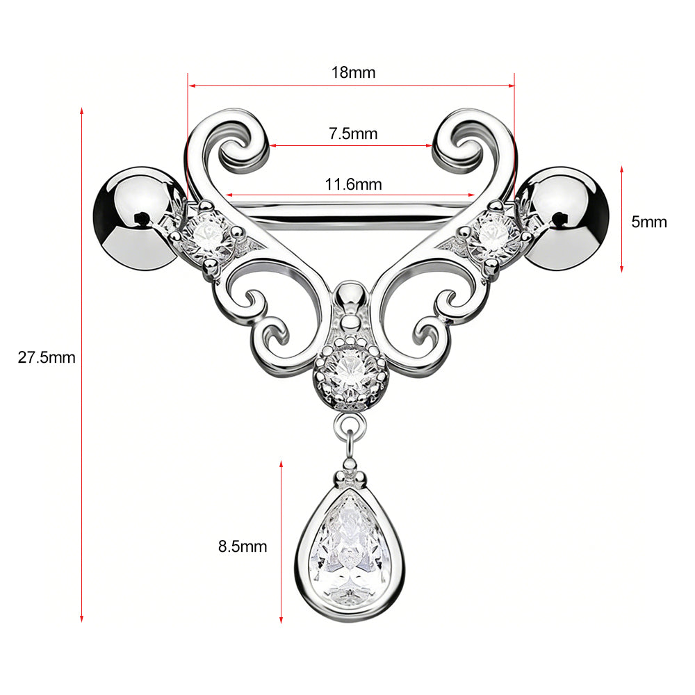 Detailed size chart for the teardrop nipple shield showing 11.6mm bar length and 27.5mm total pendant height.
